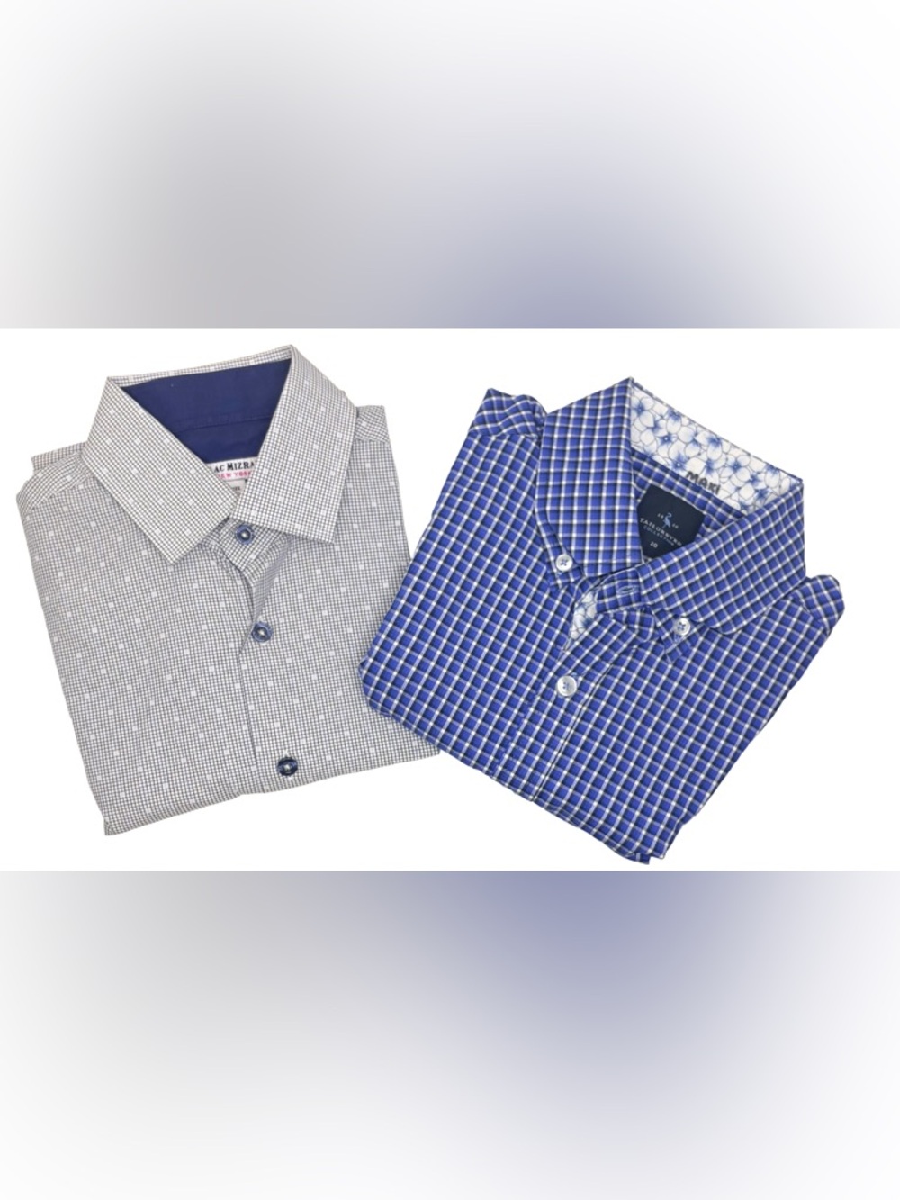 2- Dress Shirts Tailorbyrd Blue and Issac Mizrahi Gray BOYS 10 Check Pattern